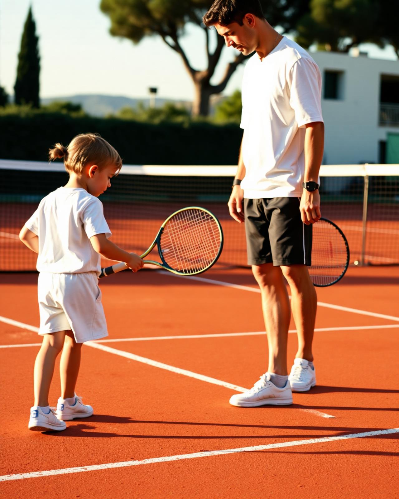 Niño aprendiendo a jugar al tenis con un entrenador